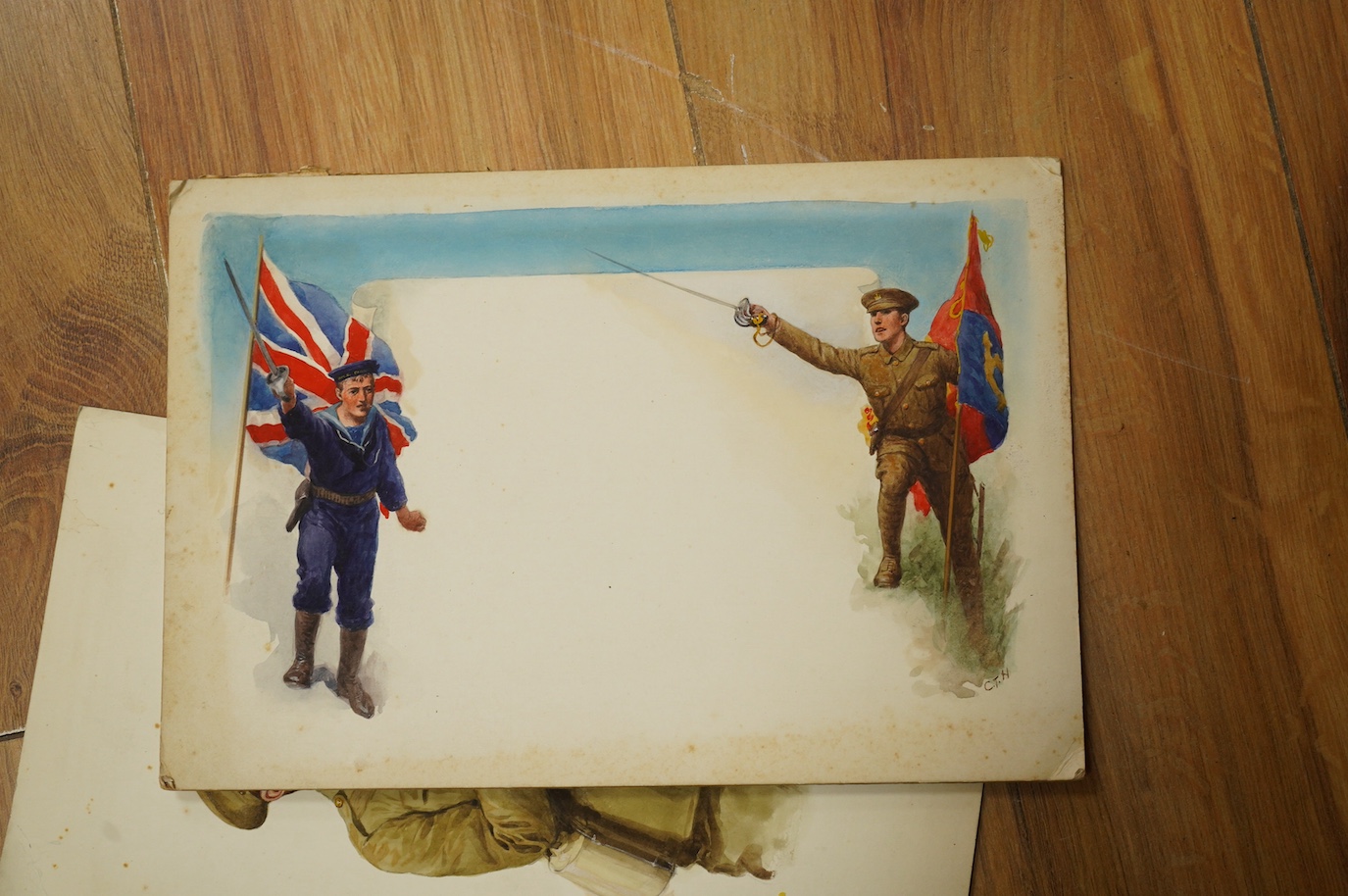 Charles Thomas Howard (1865–1942), eight original WWI watercolours for patriotic postcard designs to include ‘Soldiers of the Allied Nations’ and ‘Britannia and Solider’ unframed, some signed, 17 x 25cm. Condition - fair